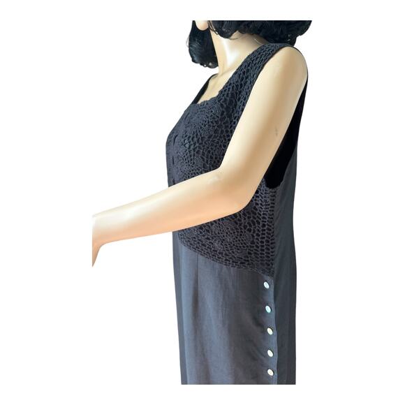 Vintage Cali Cali black Linen Crochet Sleeveless Maxi Dress button size 14 P - Picture 4 of 13